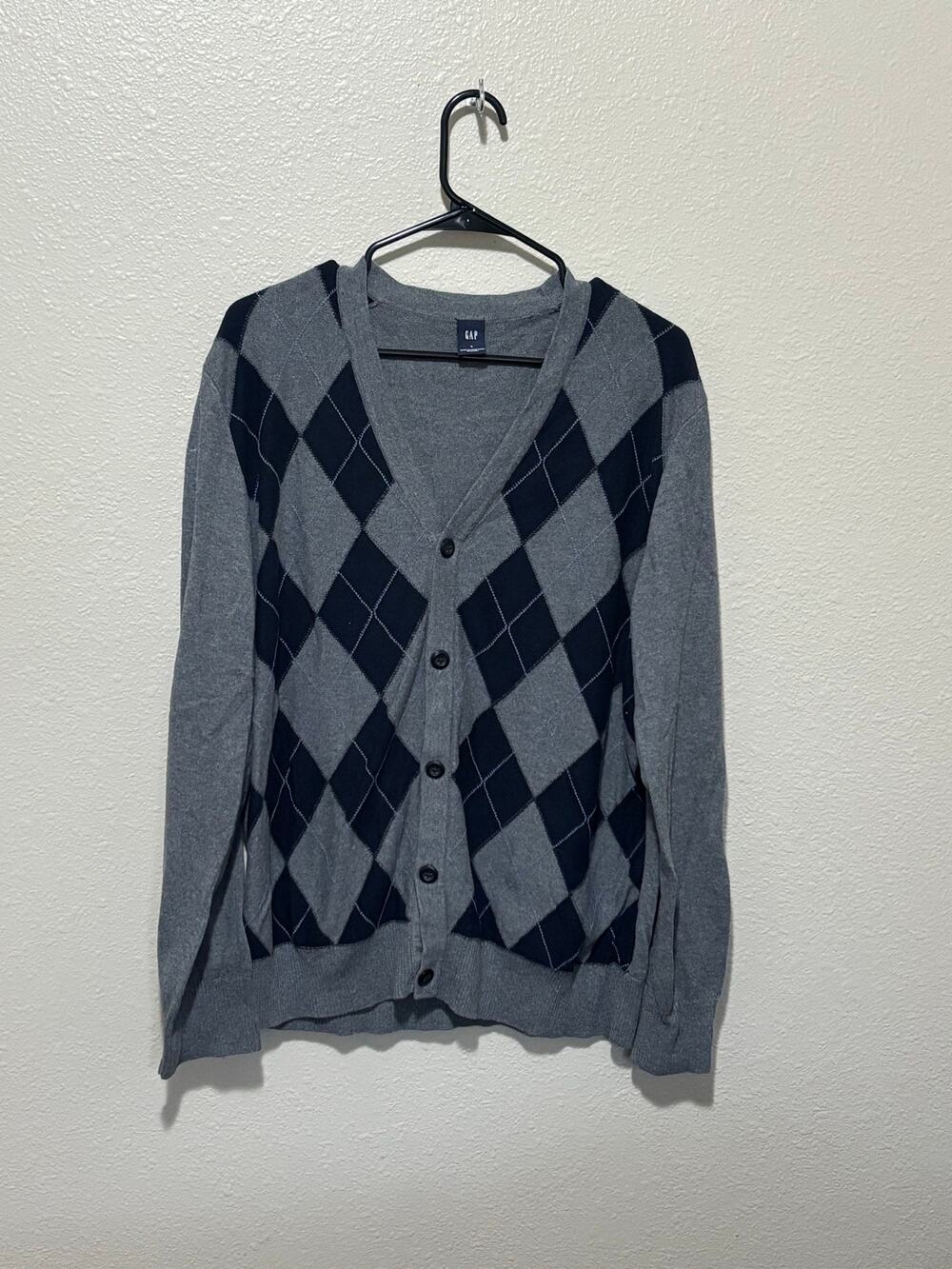 Men’s GAP Cotton Knit Argyle Blue Gray Grandpa Boxy Cardigan Sweater, L Large